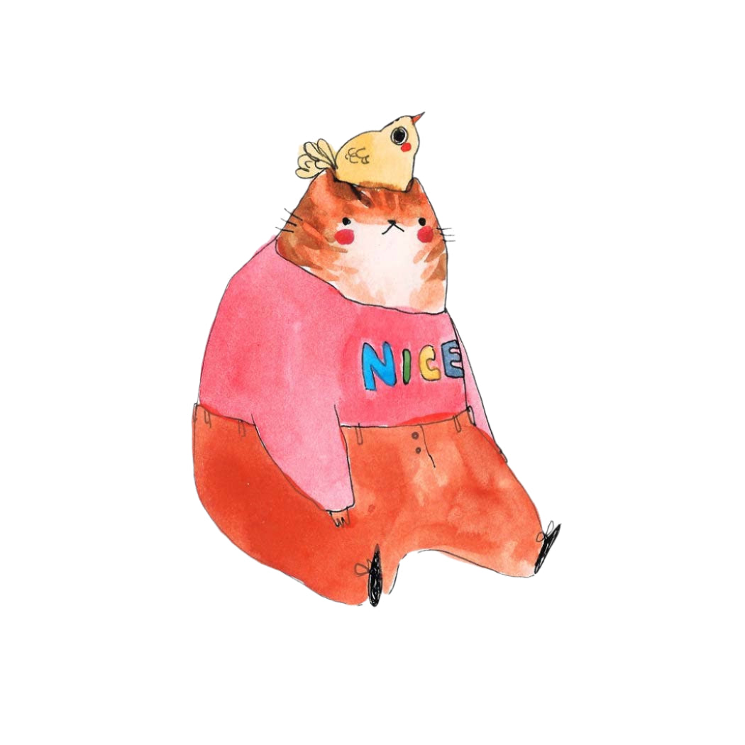 Nice Cat and Bird art print watercolor and ink illustration of cat with bird friend